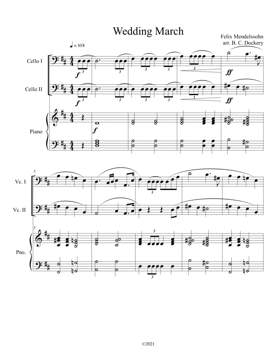 Wedding March (Cello Duet) with optional piano accompaniment (arr. B. C. Dockery)
