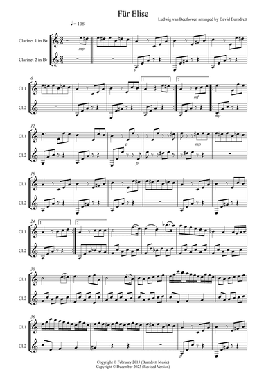 Fur Elise for Clarinet Duet (arr. David Burndrett)