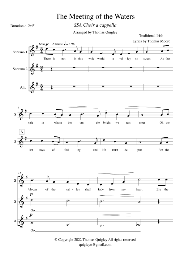 The Meeting of the Waters (SSA  a cappella) (arr. Thomas Quigley)