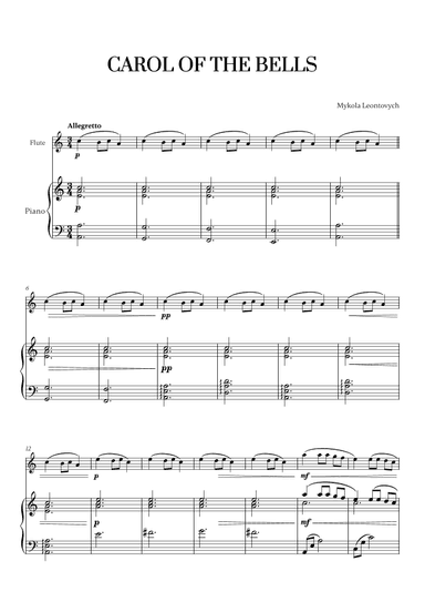 Carol of the Bells (Very Easy/Beginner) - A minor (for Flute and Piano) (arr. Cadenza Editions)