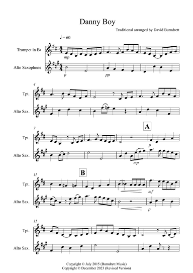 Danny Boy for Trumpet and Alto Saxophone Duet (arr. David Burndrett)