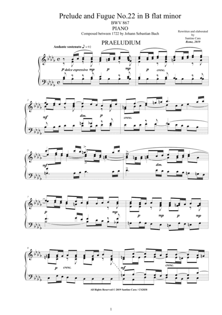 Bach - Prelude and Fugue No.22 in B flat minor BWV 867 for Piano (arr. Santino Cara)
