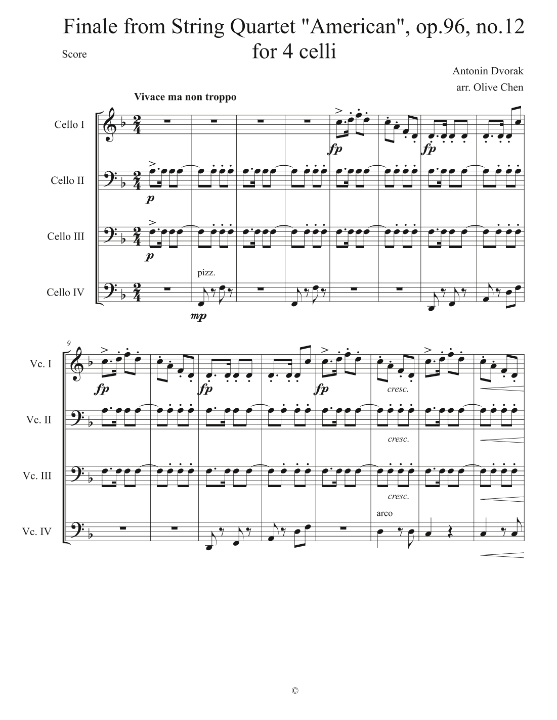 Dvorak - Finale from “America” String Quartet No.12 in F, Op.96 “America” for 4 celli (arr. Olive Chen)