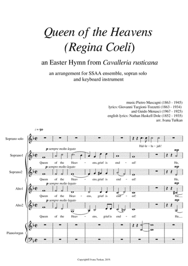 Queen of the Heaven (Regina coeli) from Cavalleria rusticana, SSAA, soprano solo, piano, full versio (arr. Ivana Tuskan)
