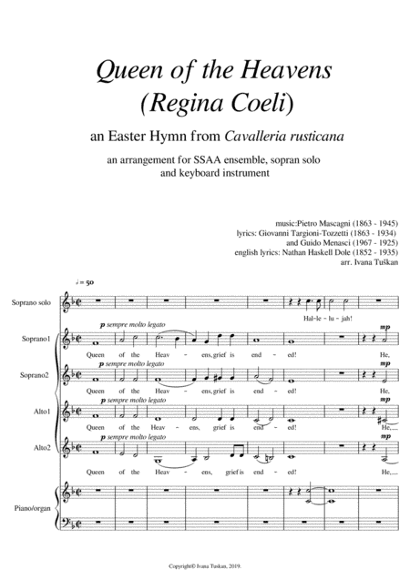 Queen of the Heaven (Regina coeli) from Cavalleria rusticana, SSAA, soprano solo, piano, full versio (arr. Ivana Tuskan)