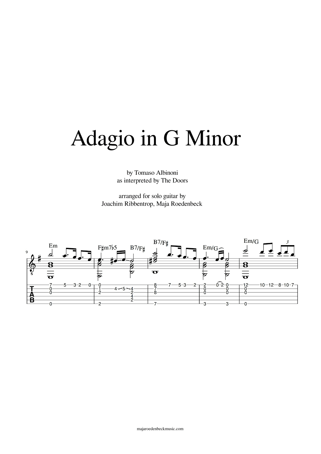 Adagio in G minor | Albinoni | as interpreted by The Doors | arranged for solo guitar | Guitar Tab (arr. Joachim Ribbentrop, Maja Roedenbeck)