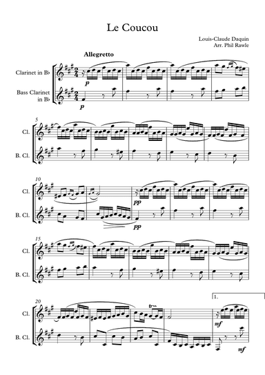 Le Coucou - Clarinet in Bb and Bass Clarinet in Bb duet. (arr. Phil Rawle)
