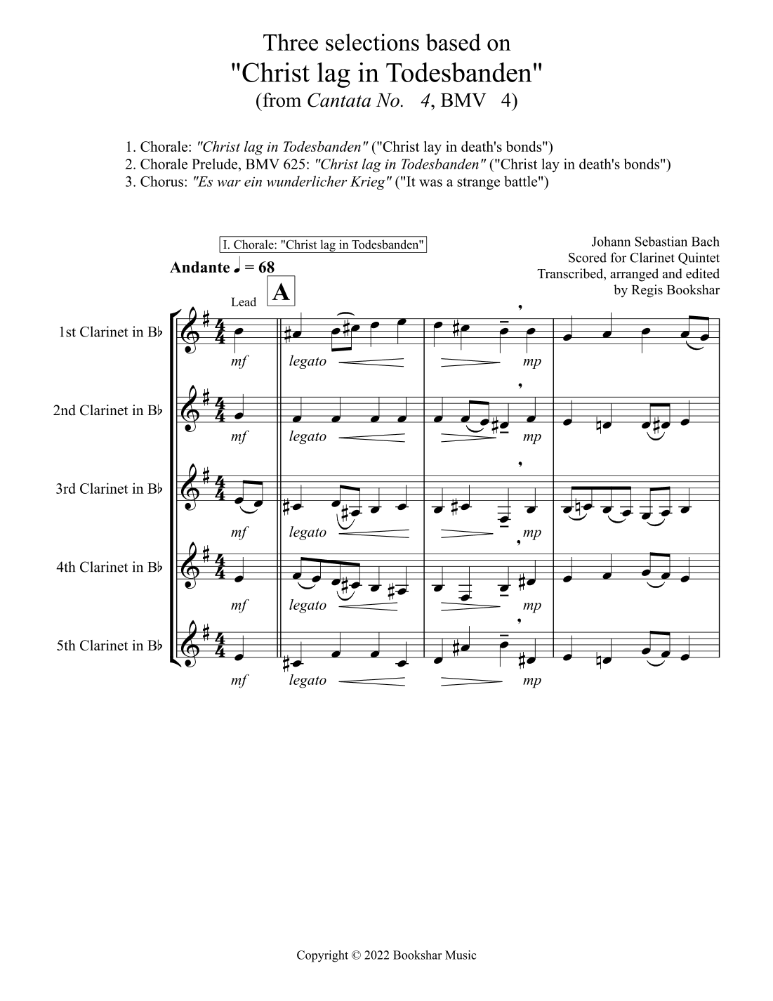 Three selections based on "Christ lag in Todesbanden" (Clarinet Quintet) (arr. Regis Bookshar)