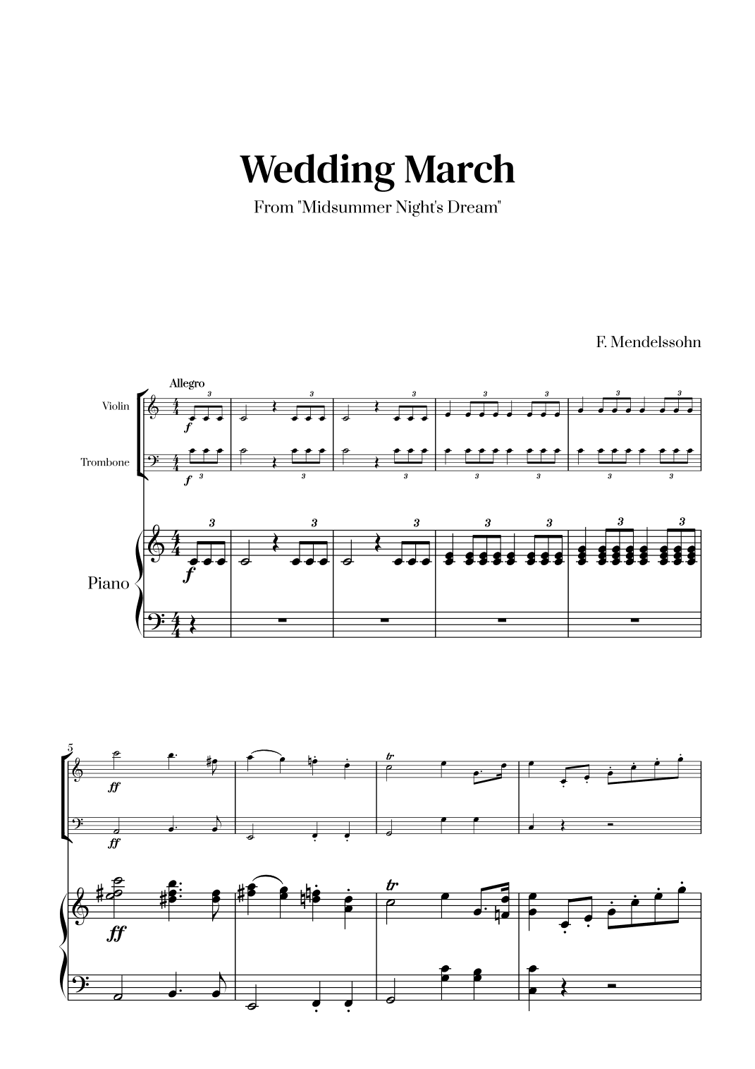 Felix Mendelssohn - Wedding March From Midsummer Night's Dream for Violin, Trombone and Piano (arr. Cadenza Editions)