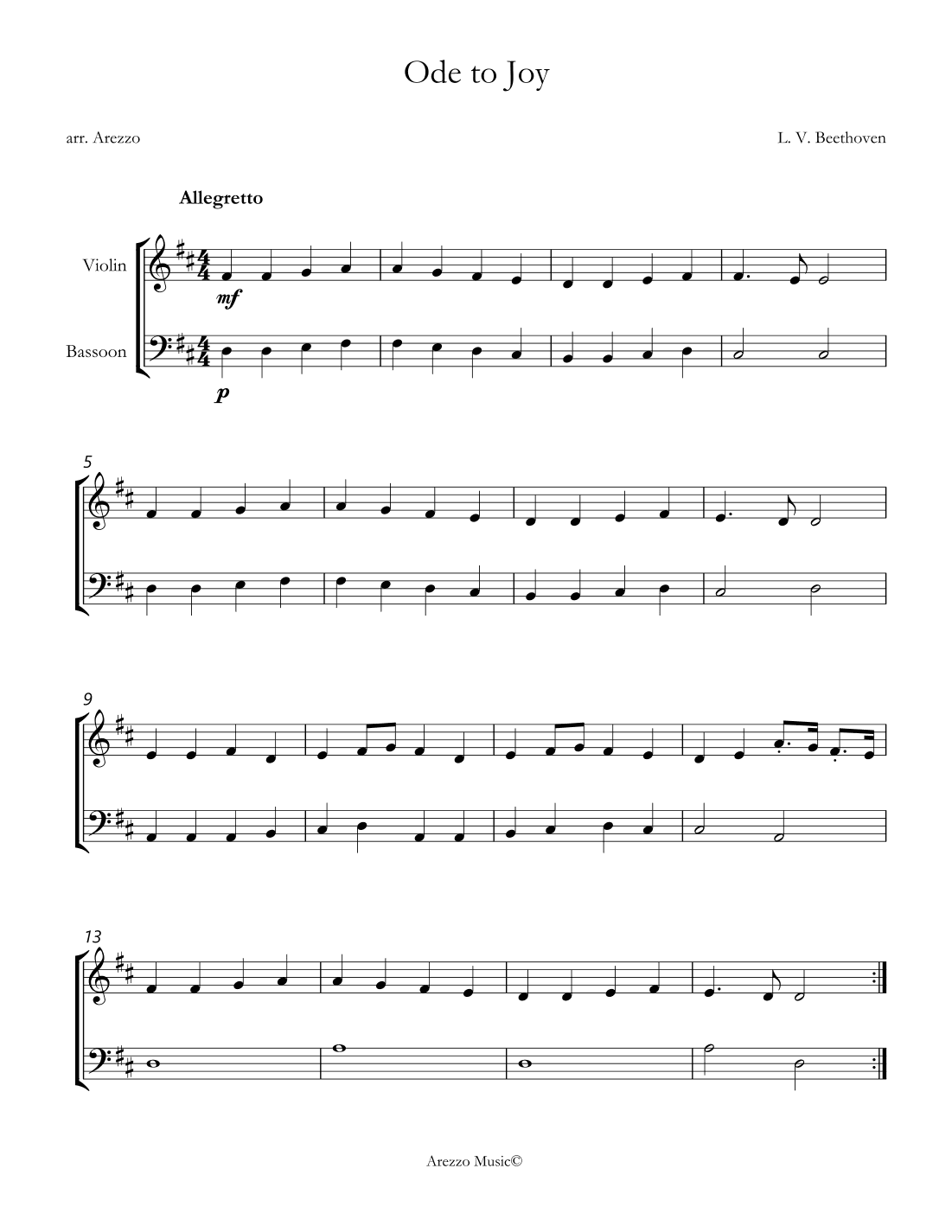 ode to joy violin and bassoon sheet music by arezzo (arr. Arezzo Music)