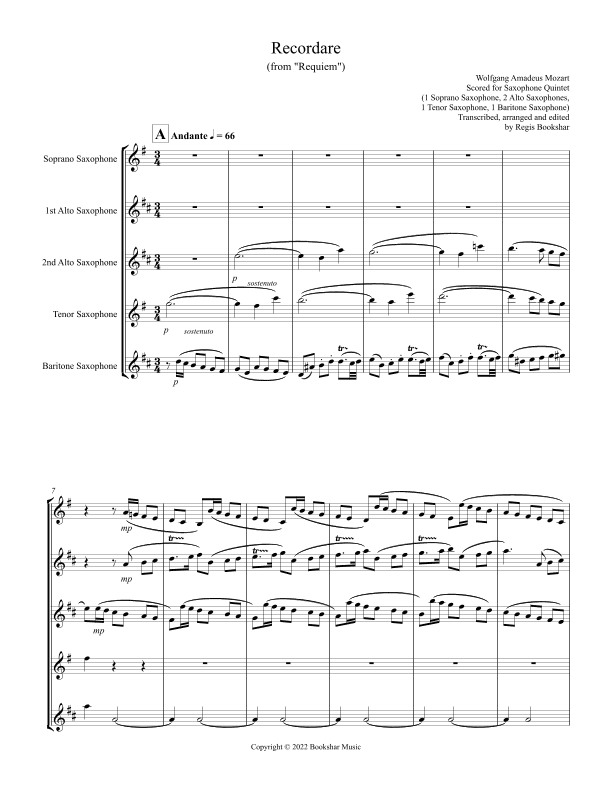 Recordare (from "Requiem") (F) (Saxophone Quintet - 1 Sop, 2 Alto, 1 Ten, 1 Bari) (arr. Regis Bookshar)