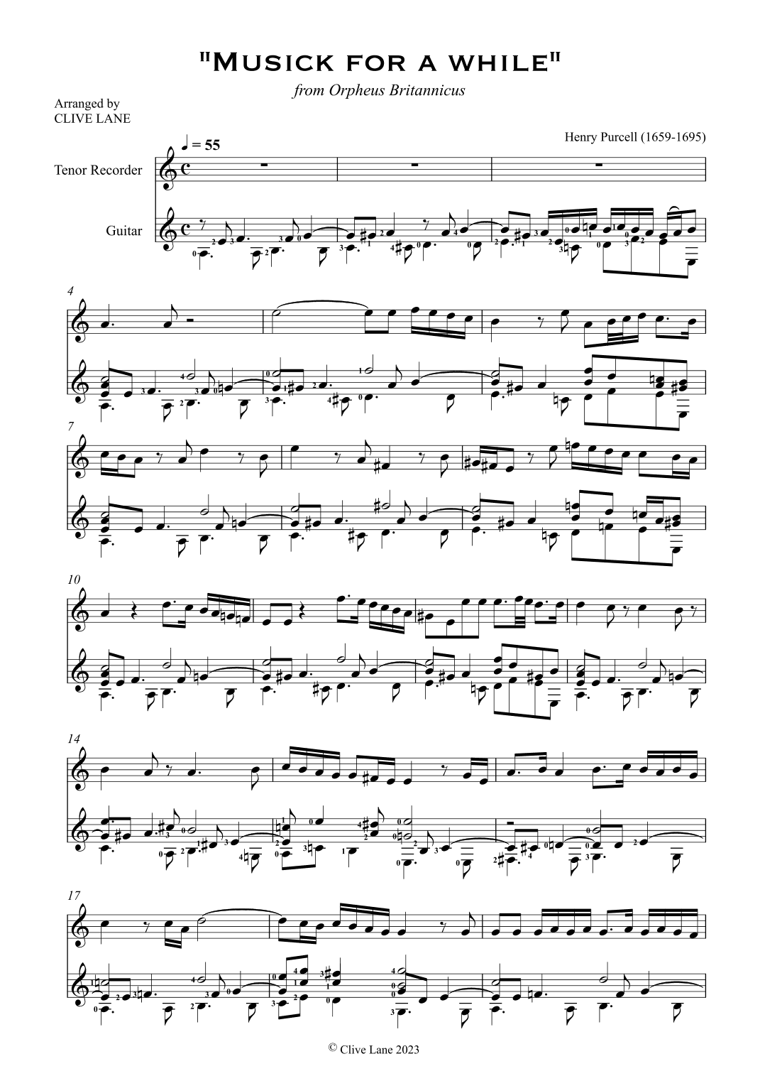 Music For A While  for recorder and guitar (arr. Clive Lane)