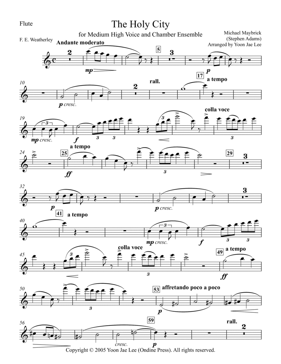 The Holy City for Medium High Voice and Chamber Ensemble in C Major, Set of Parts (arr. Yoon Jae Lee)