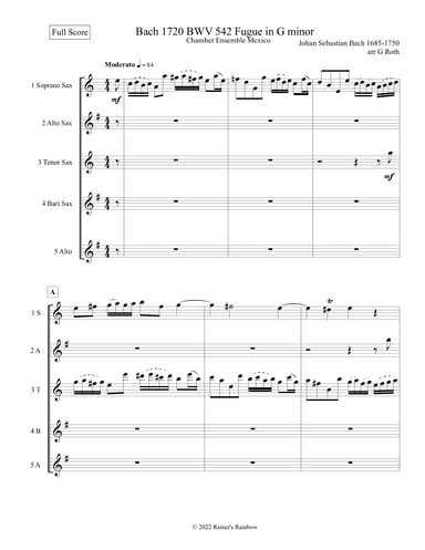 Bach 1720 BWV 542 Fugue in Gm Sax Quartet Score Parts Alternates (arr. R G Roth)