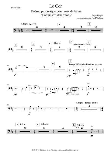 Ange Flégier: Le Cor for bass voice and concert band, trombone 2  part (arr. Paul Wehage)