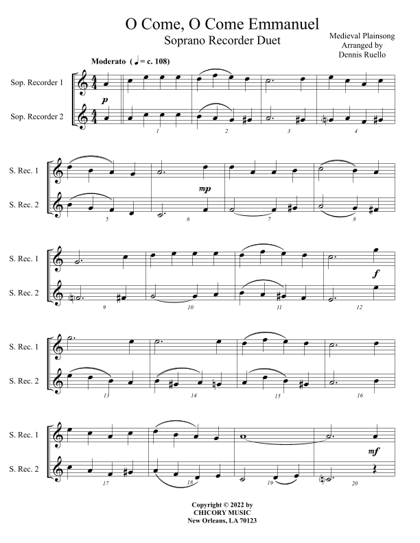 O Come, O Come Emmanuel - Recorder Duet (arr. Dennis Ruello)