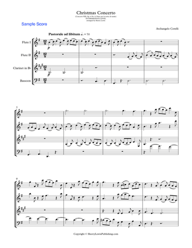 CHRISTMAS CONCERTO - WOODWIND QUARTET - Pastorale, Concerto VIII Op. 6 No. 8, Fatto per la notte di (arr. Sherry Lewis)