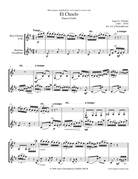 El Choclo - Duo for Bass Clarinet and Baritone Sax (arr. Anne L Christopherson GRSM ARCM)