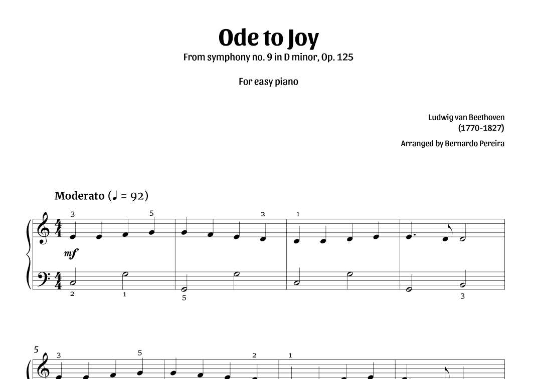 Ode To Joy (easy piano – C major) (arr. Bernardo Pereira)