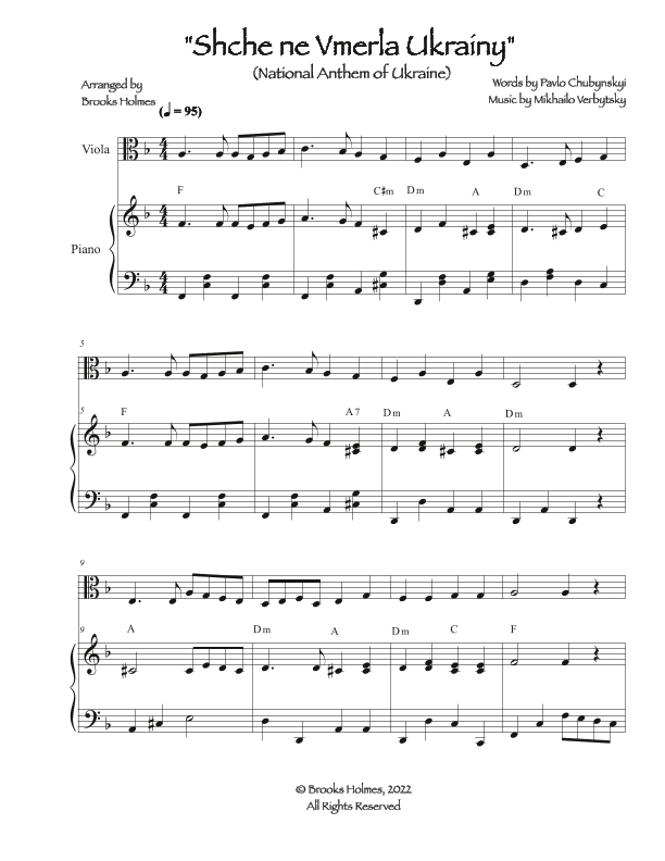 National Anthem Of Ukraine - Schche ne Vmerla Ukrainy (Viola and Piano) Ukrainian (arr. Brooks Holmes)