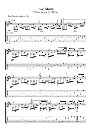 Ave Maria classical guitar solo with tablature (arr. PianoSheetNow)