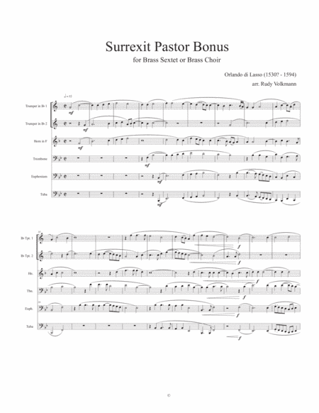 Surrexit Pastor Bonus - di Lasso - arr. for Brass Sextet or Brass Choir (arr. Rudy Volkmann)