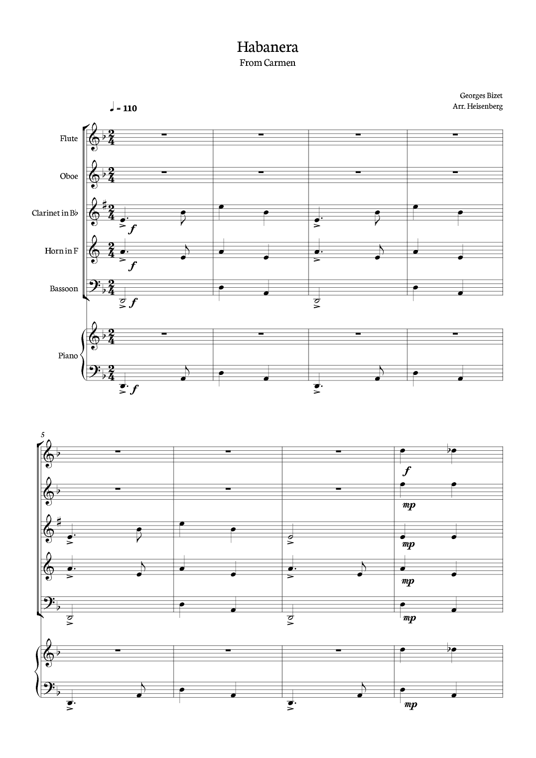 Habanera - Carmen - Georges Bizet, for Woodwind Quintet in a easy version with piano. (arr. Heisenberg)