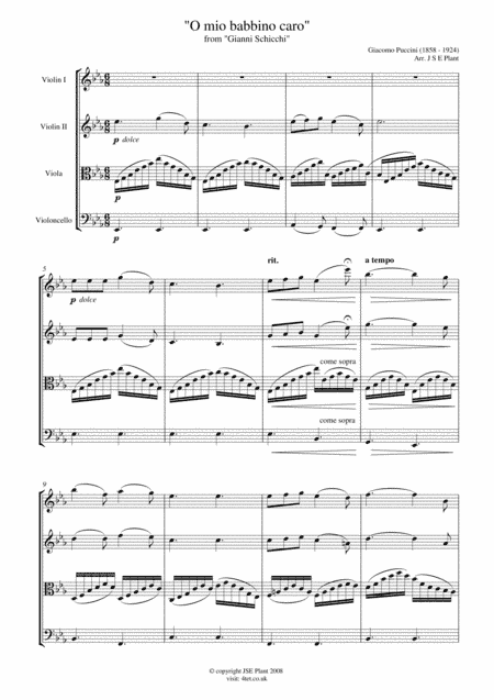 Puccini: "O Mio Babino Caro" for String Quartet - Score and Parts (arr. Julie Doubleday)