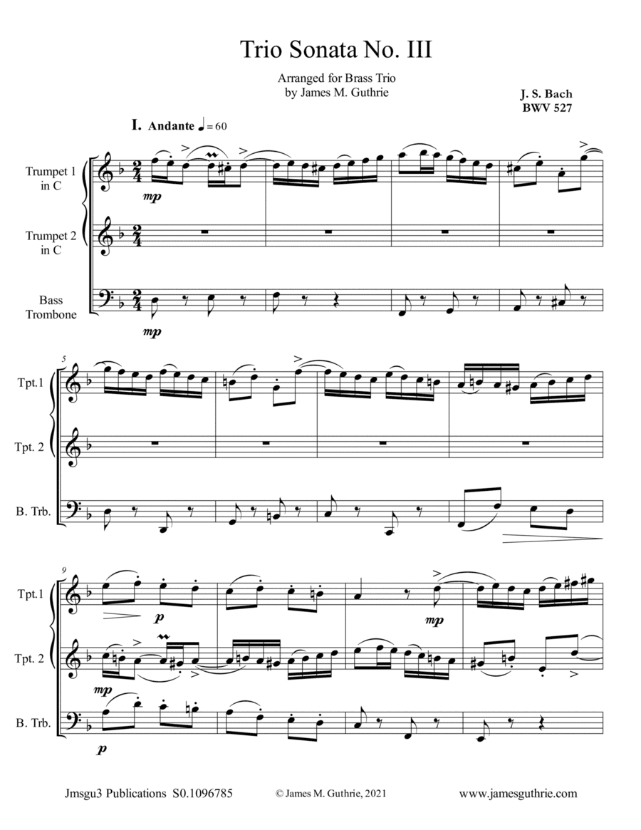 BACH: Trio Sonata No. 3 BWV 527 for Brass Trio (arr. James M. Guthrie)