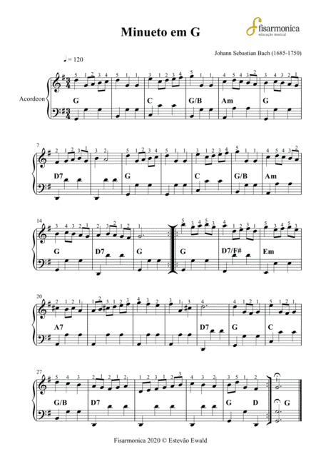 Minueto em G - Bach | Sheet Music for Accordion (arr. Estevão Ewald)