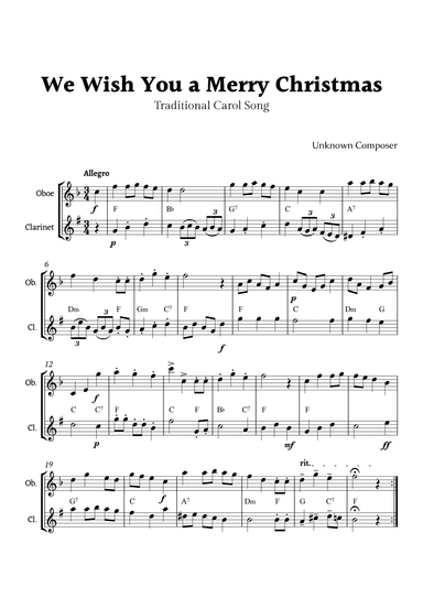 We Wish you a Merry Christmas for Oboe and Clarinet Duet with Chords (arr. Rika K.)
