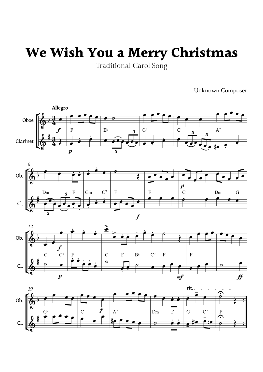 We Wish you a Merry Christmas for Oboe and Clarinet Duet with Chords (arr. Rika K.)