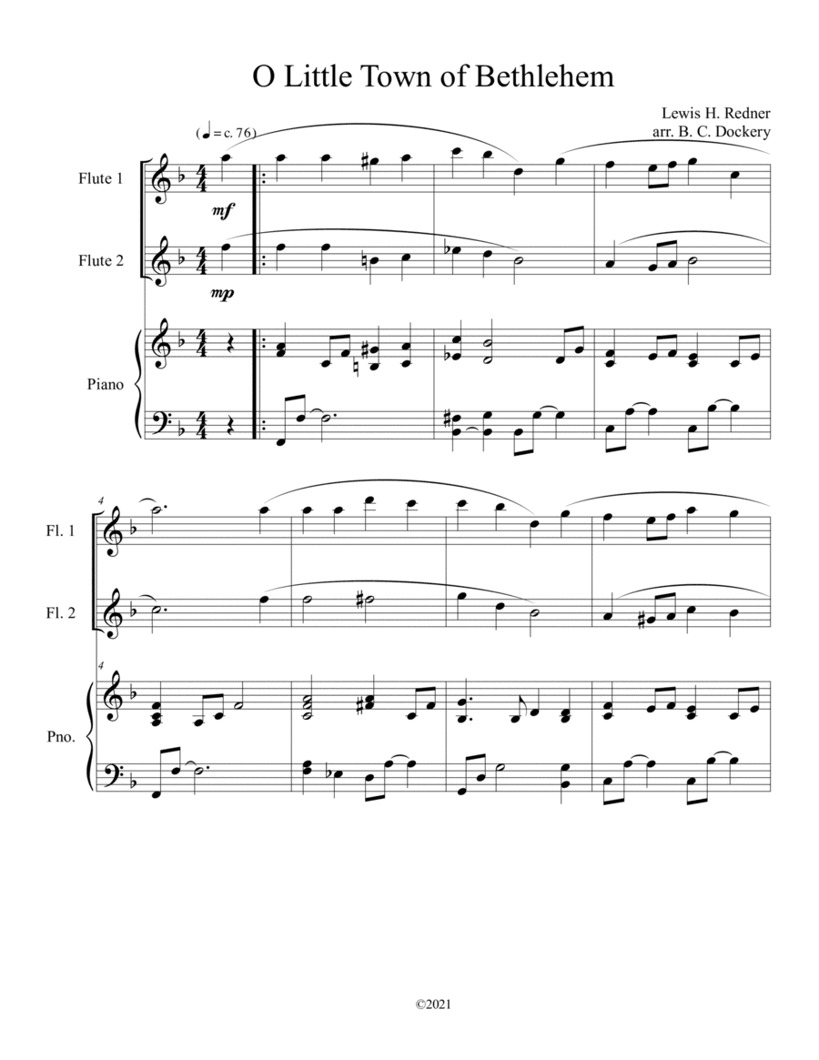 O Little Town of Bethlehem (Flute Duet) with piano accompaniment (arr. B. C. Dockery)