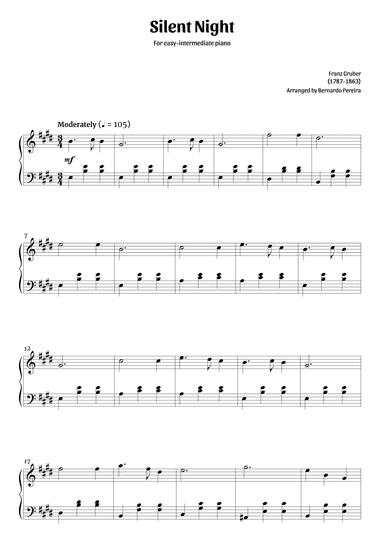 Silent Night (easy-intermediate piano in E major – clean sheet music) (arr. Bernardo Pereira)