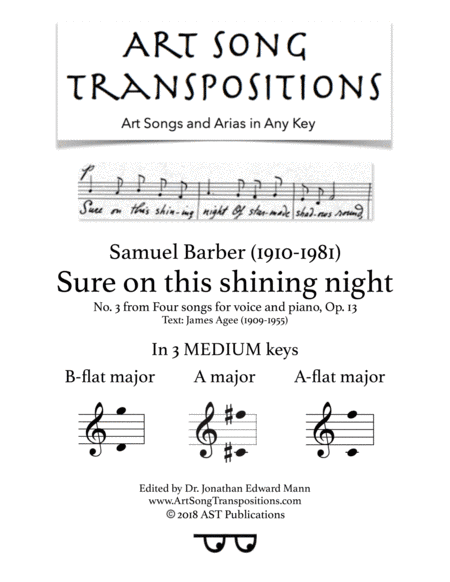 Sure On This Shining Night, Op. 13, No. 13 (arr. ArtSongTranspositions.com)