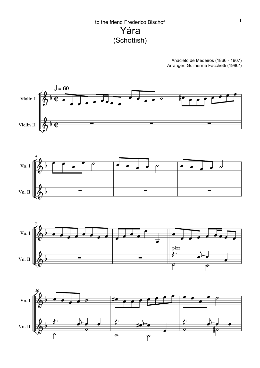 Anacleto de Medeiros - Yára. Arrangement for Violin Duet. Complete Score and Parts (arr. Guilherme Facchetti)