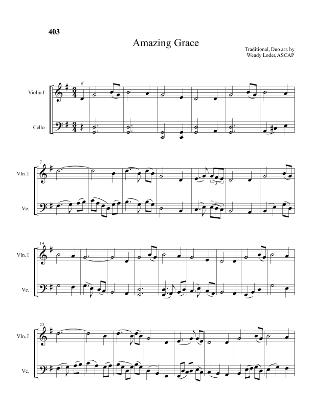 Amazing Grace for Duo (Violin & Cello) (arr. Wendy Loder, ASCAP)