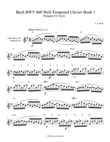 Bach BWV 860 Well Tempered Clavier Prelude 15 In G Flute Oboe or Sax Technical Study (arr. R G Roth)
