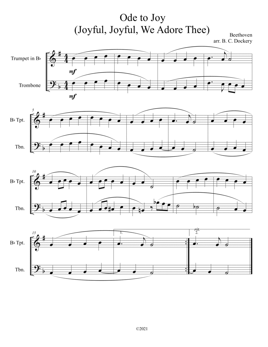 Ode to Joy (Joyful, Joyful, We Adore Thee) for trumpet and trombone duet (arr. B. C. Dockery)