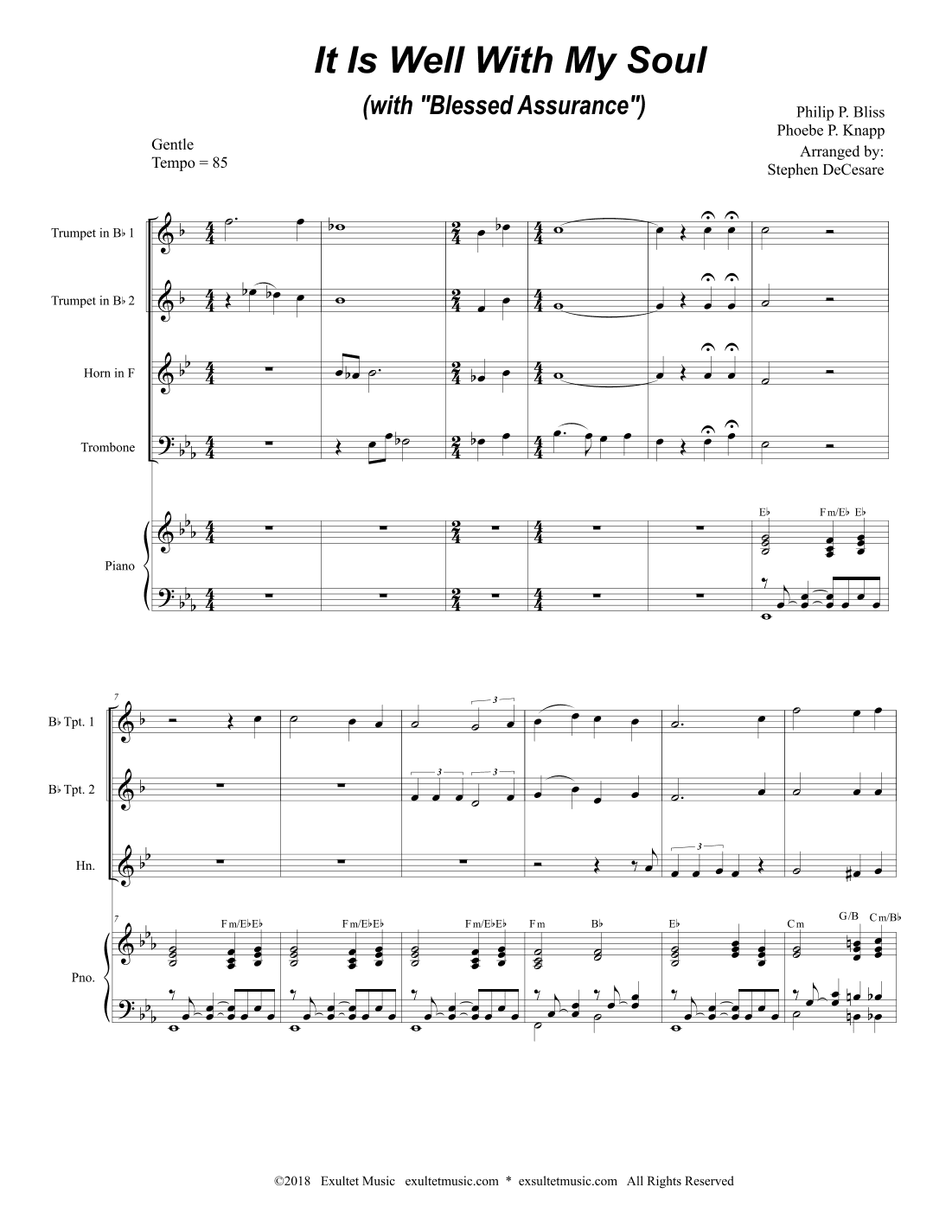 It Is Well With My Soul (with "Blessed Assurance") (for Brass Quartet & Piano) (arr. Stephen DeCesare)