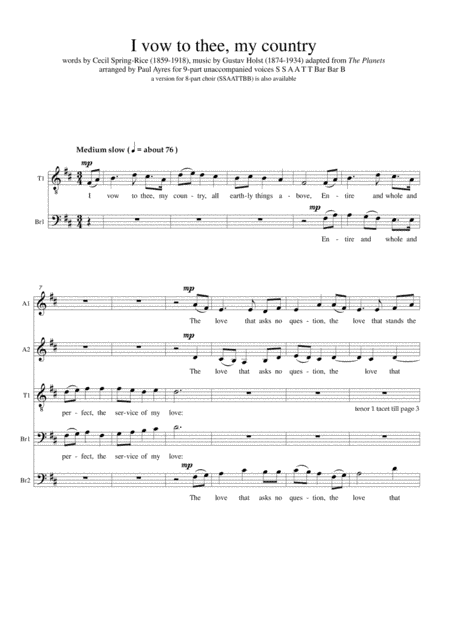 I vow to thee my country: 9-part choral arrangement (arr. Paul Ayres)