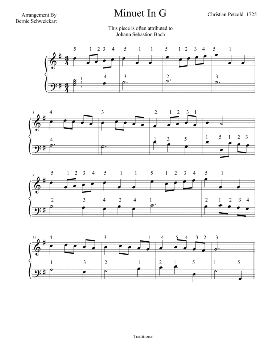 Minuet In G (With Proper Fingering) (arr. Bernie Schweickart)