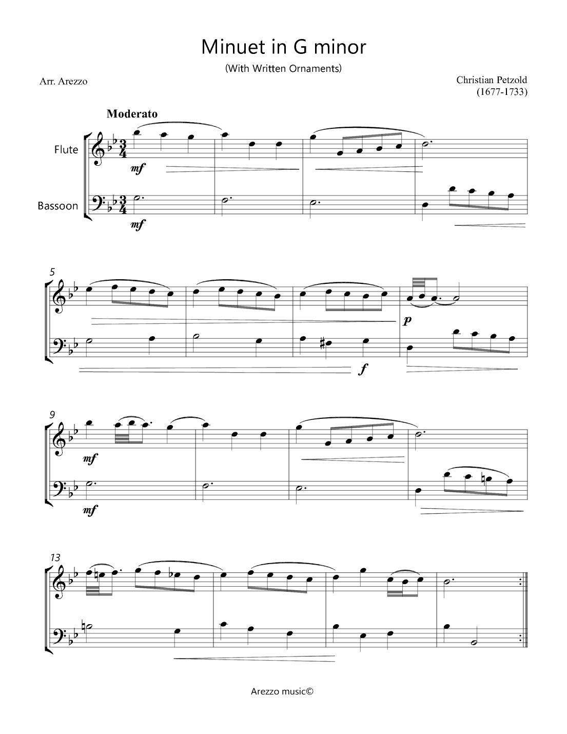 Minuet in G minor Anh 115 - Flute and Bassoon - Written ornaments (arr. Arezzo Music)