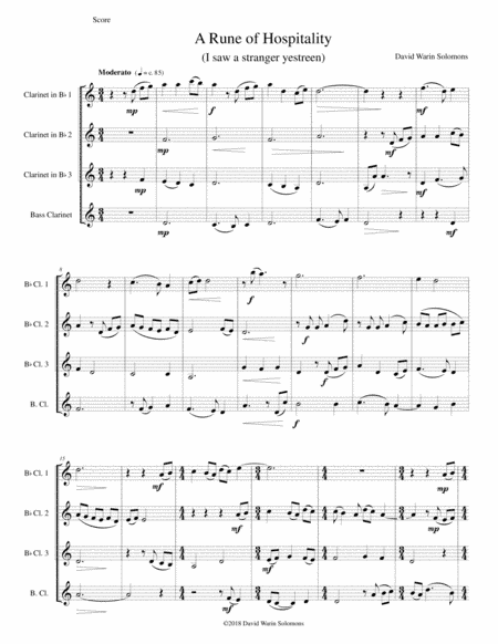 A Rune of hospitality - I saw a stranger yestreen - for clarinet quartet