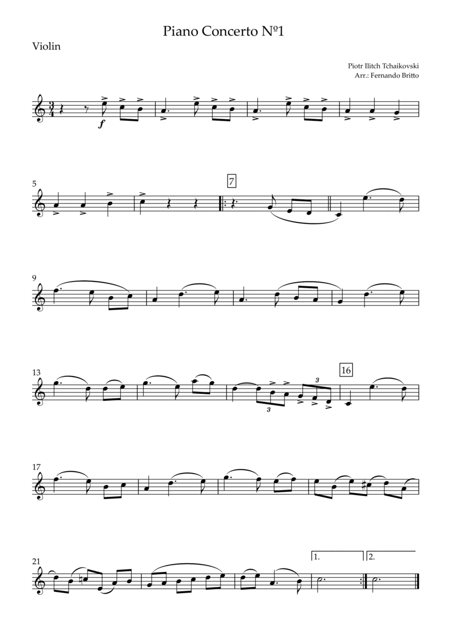 Piano Concerto Nº 1 - 1st Mov. Theme (P. Tchaikovsky) for Violin Solo (C Major) (arr. Fernando Britto)