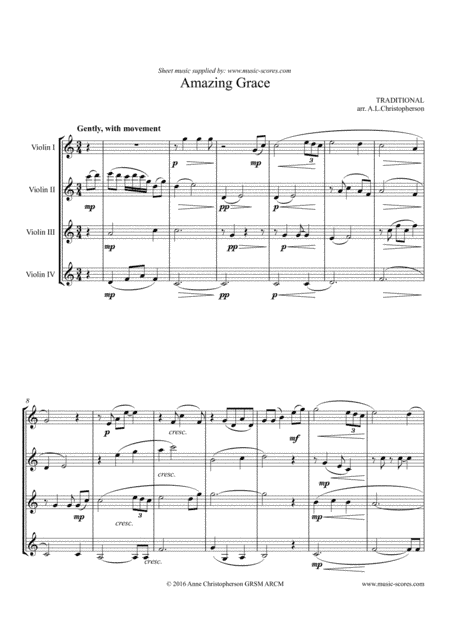 Amazing Grace - Violin Quartet - Higher Intermediate (arr. Anne L Christopherson GRSM ARCM)