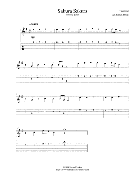 Sakura Sakura - for easy guitar with TAB (arr. Samuel Stokes)