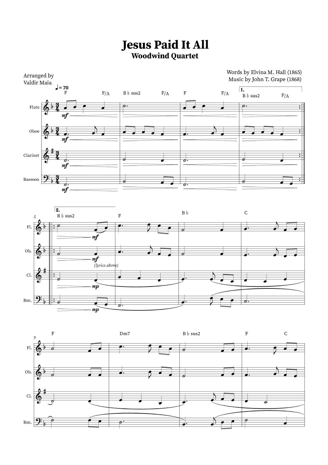 Jesus Paid It All - Woodwind Quartet (+Chords) (arr. Valdir Maia)