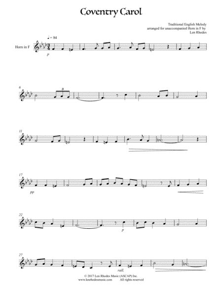 The Coventry Carol, for unaccompanied French Horn (arr. Len Rhodes)