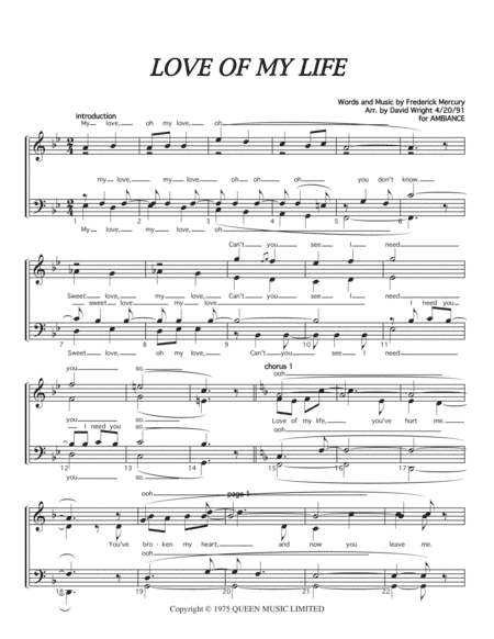 Love Of My Life (arr. David Wright)